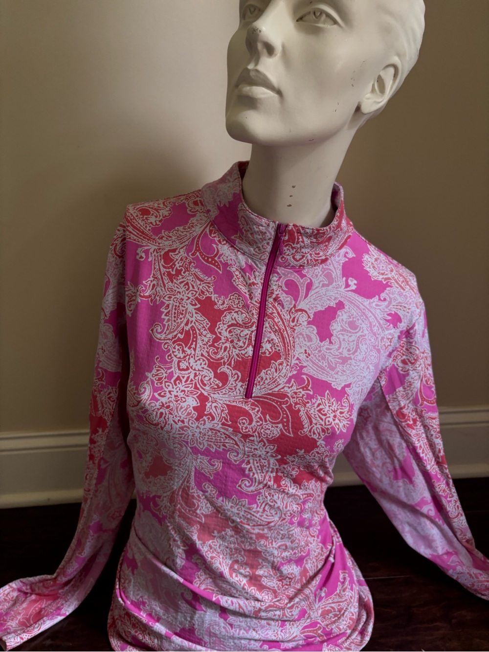 IBKUL Lilly Pulitzer inspired Pink Paisley Zip-Up shirt golf tennis equestrian